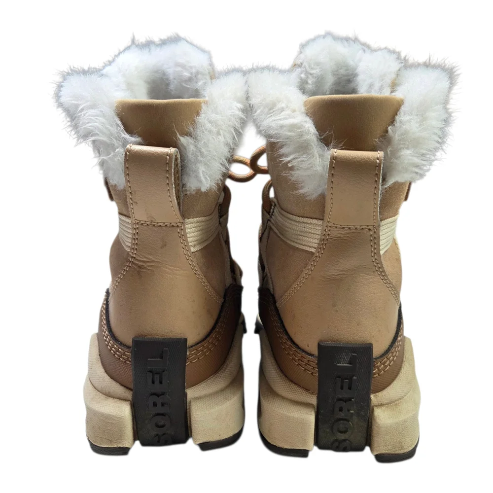 Sorel Women's Explorer 111 Tan Qirh Sea Salt White Fur Winter Boots Size 8.5 - Picture 5 of 8